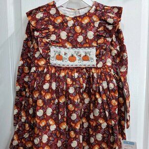 Bonnie Jean Thanksgiving Long Sleeves Harvest Smocked Pumpkin Girls' Dress